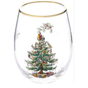 Spode Christmas Tree Stemless Wine Glass Holiday Drink Festive Decor